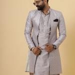 Handmade Lilac Geometrical Sequin Embroidered Open Sherwani with Kurta-Pajama Set | Father Son Combo | Jaipurio Collection